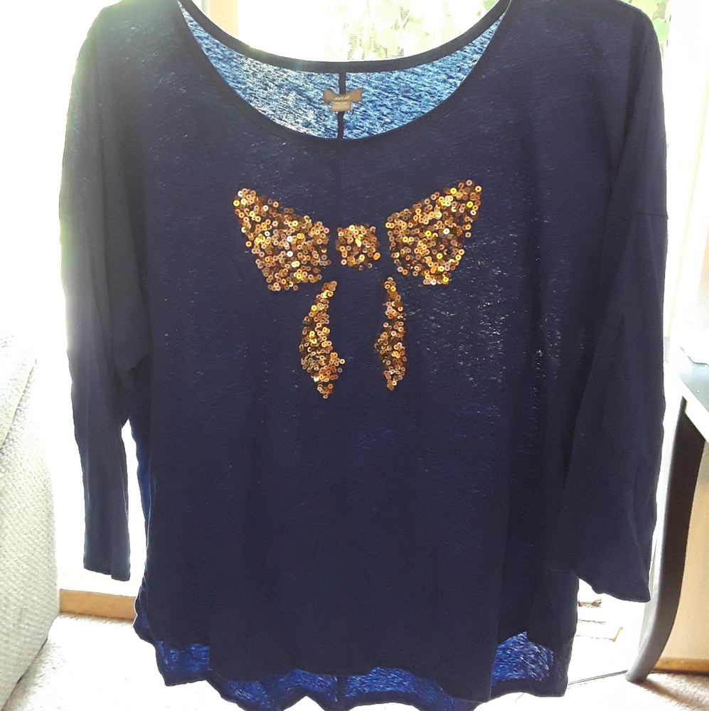 Aerie Lightweight Blue 3/4 Tee Gold Sequins XXL